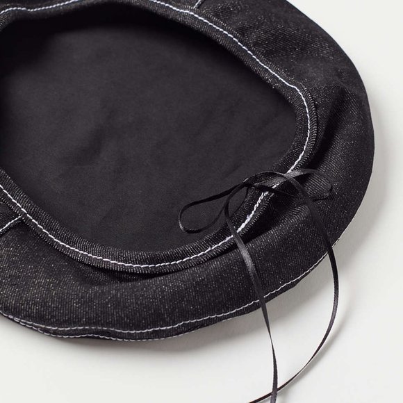 Urban Outfitters black denim white stitching beret hat - Picture 3 of 9